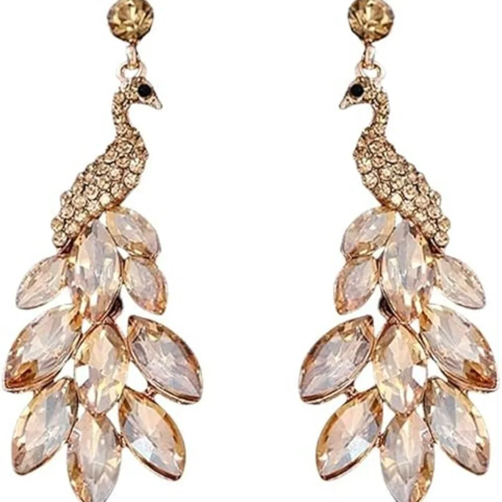 Peacock Dangle Earrings 14K Gold Plated Multicolors Crystal Feather